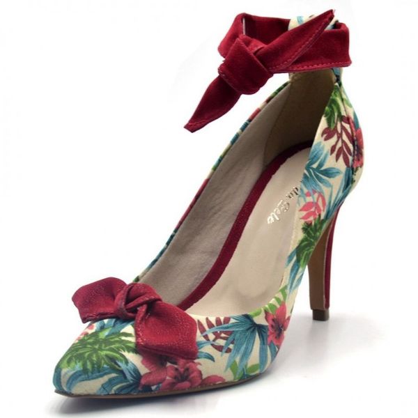 Sapato Feminino Scarpin com Laços 1730 Tecido Floral Branco