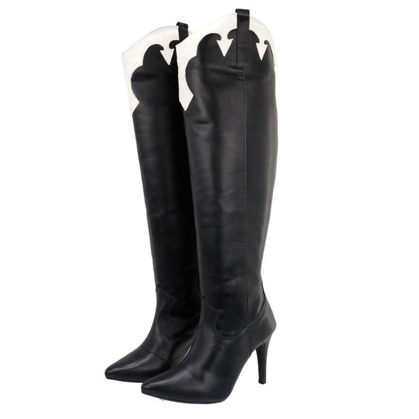 Bota Feminina Cano Alto 17100 Napa Preta Com Detalhes Branco