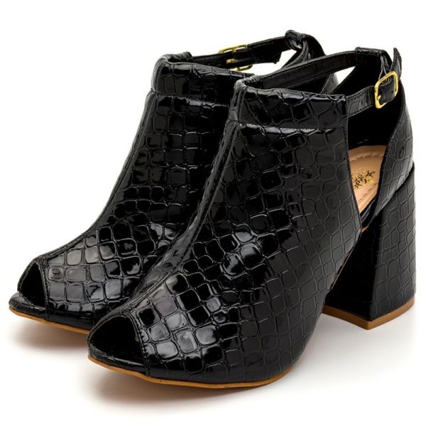 Sapato Feminino Ankle Boot 190500 Croco Verniz Preto