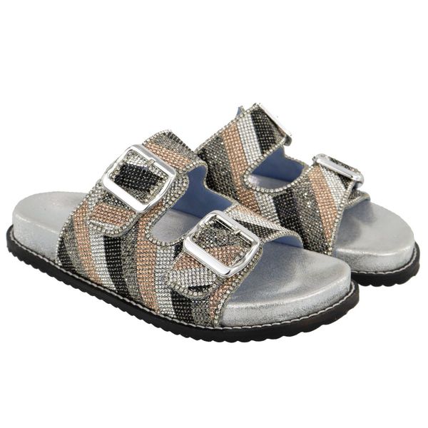 Sandália Rasteira Feminina Papete Birken Pedraria Napa Elegance Prata 23200