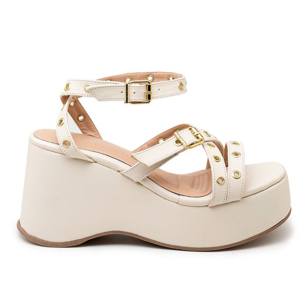 Sandália Feminina Anabela Salto Plataforma Tiras Ilhós 9100 Off White - Dalya