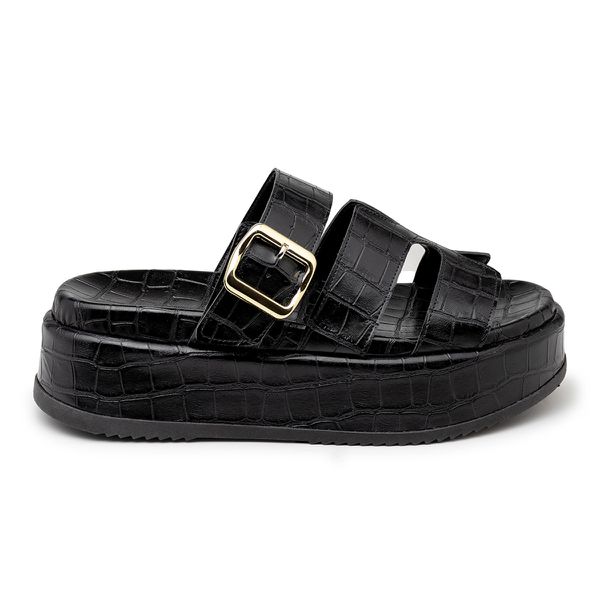 Sandália Feminina Papete Flatform Tira com Fivela 5301 Croco Preto - Violeta