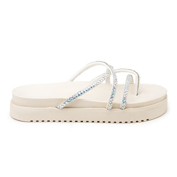 Sandália Papete Feminina Com Sola Alta e Tiras De Strass 199067 Off White