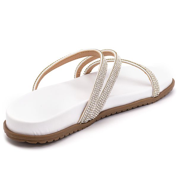Chinela Rasteira Pedrarias Branco Confortavel Flor da Pele