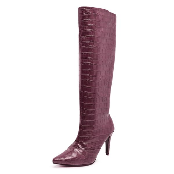 Bota Feminina Salto Fino Cano Alto 1715 Croco Marsala Flor da