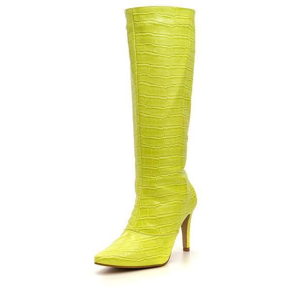 Bota Feminina Salto Fino Cano Alto 1715 Croco Lemon Flor da Pele
