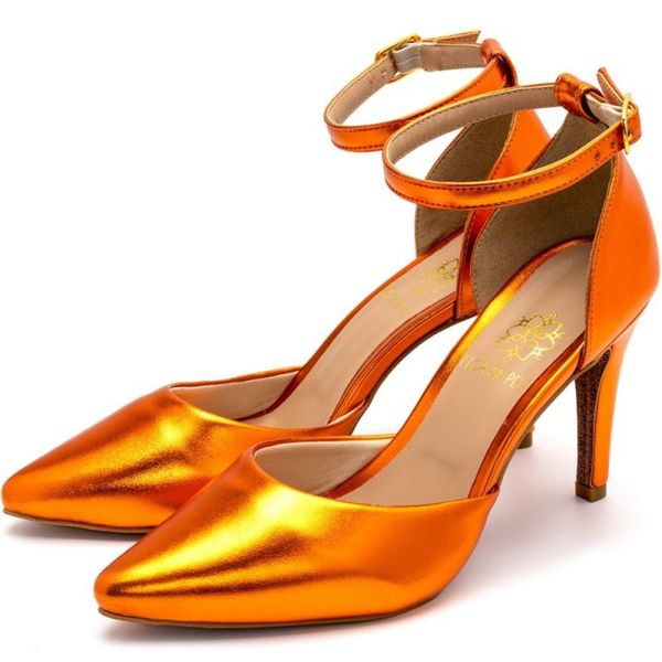 Sapato Feminino Scarpin Salto Alto 1753 Napa Metalizada Laranja