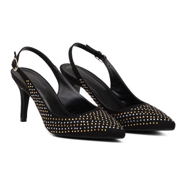 Sapato Feminino Scarpin Salto Fino Tecido Preto com Strass 183030