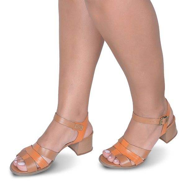 Sandália de Salto em Couro Whisky Laranja