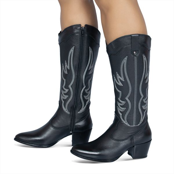 Bota Longa Feminina Western Couro Legítimo Preto Salto Bloco Texana 8810