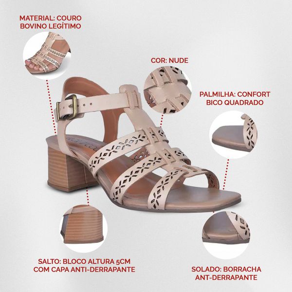 Sandália de Salto em Couro Nude Flor de Couro Sandálias e