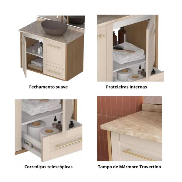 TOUCADOR PETÚNIA 80CM JEQUITIBÁ/AREIA COM TAMPO TRAVERTINO (SEM CUBA)