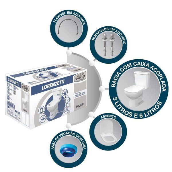 COMBO VASO COM CAIXA ACOPLADA DUAL FLUSH SQUARE BRANCO LORENZETTI