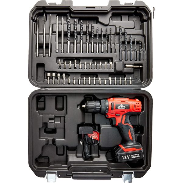 PARAFUSADEIRA 12V BATERIA BIVOLT KIT 50 PEÇAS WORKER