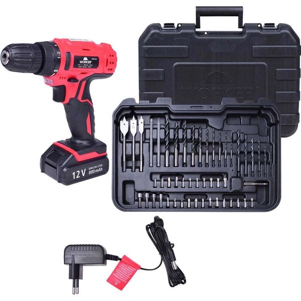 PARAFUSADEIRA 12V BATERIA BIVOLT KIT 50 PEÇAS WORKER