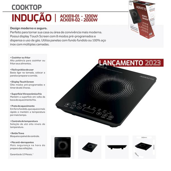 FOGÃO COOKTOP INDUÇÃO VITROCERÂMICO PRETO 1 BOCA 1200W 127V - AGRATTO