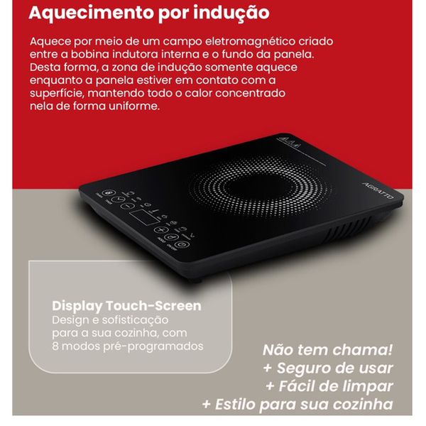 FOGÃO COOKTOP INDUÇÃO VITROCERÂMICO PRETO 1 BOCA 1200W 127V - AGRATTO