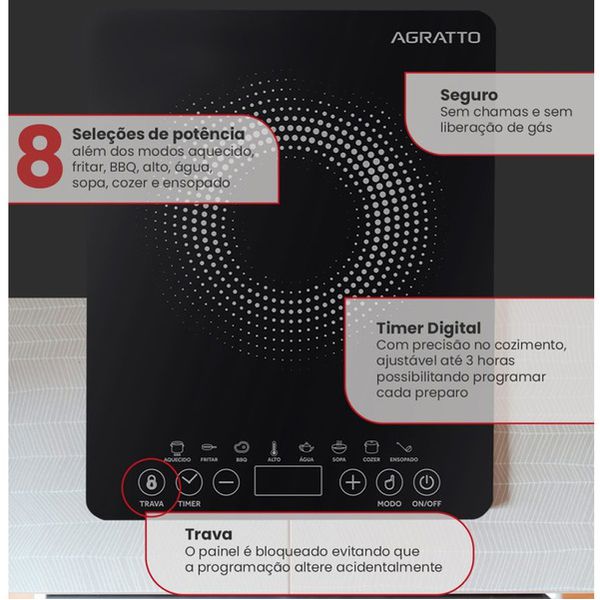 FOGÃO COOKTOP INDUÇÃO VITROCERÂMICO PRETO 1 BOCA 1200W 127V - AGRATTO