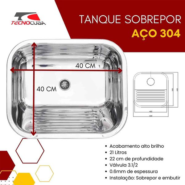 TANQUE INOX 22 LITROS 40X40X22CM TECNOCUBA