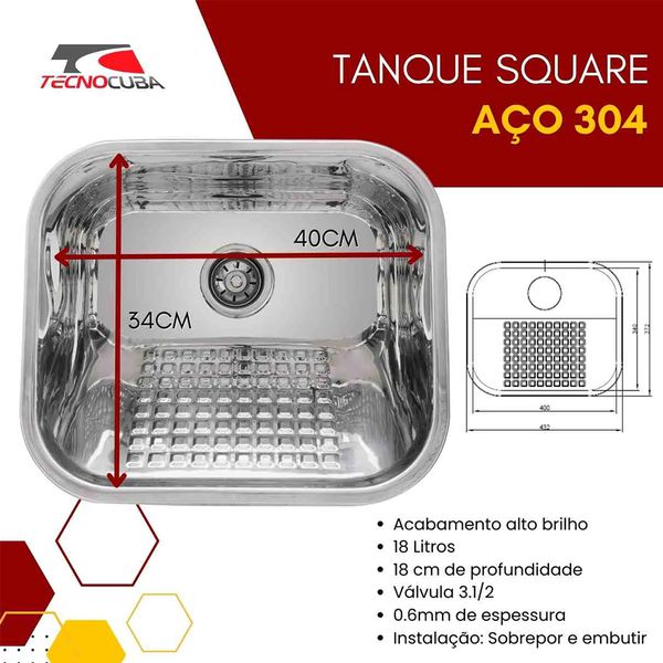 TANQUE INOX 18 LITROS 34X40X20CM TECNOCUBA
