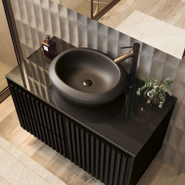 GABINETE RIPADO 80CM COM TAMPO DE VIDRO PRETO (SEM CUBA)