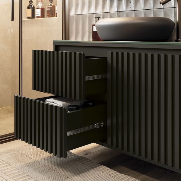 GABINETE RIPADO 80CM COM TAMPO DE VIDRO PRETO (SEM CUBA)