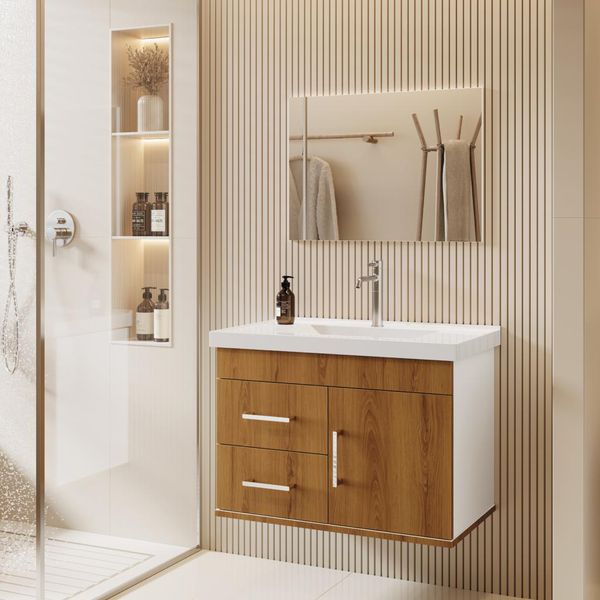 KIT BANHEIRO FULL COM BANCADA E ESPELHO BRANCO/FREIJÓ ASTRAL DESIGN