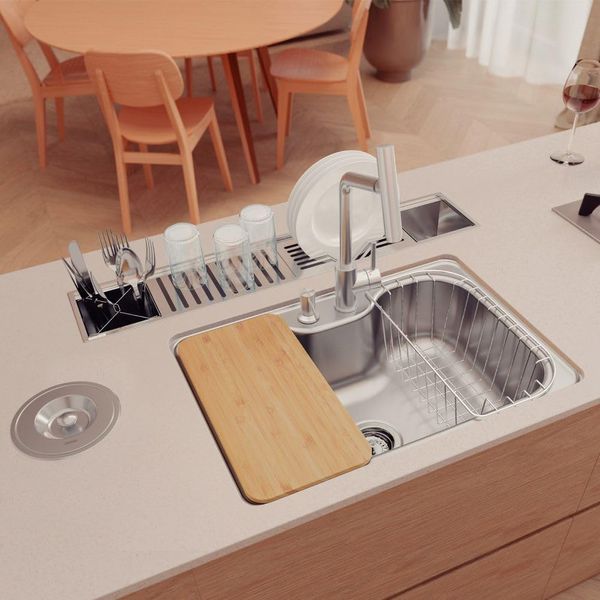 KIT CUBA TRAMONTINA COM LIXEIRA,TÁBUA DE MADEIRA, DOSADOR DE SABÃO, CESTO ARAMADO E VÁLVULA