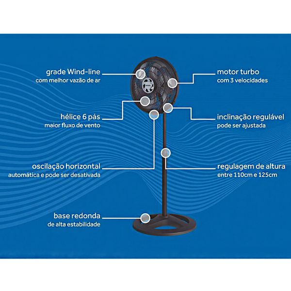 VENTILADOR DE COLUNA OSCILANTE TURBO 6 PÁS PREMIUM 50CM 127V 