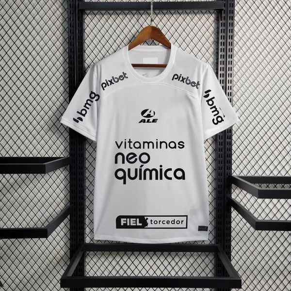 Camisa Corinthians Home Democracia 23/24 Com Patrocínios - Torcedor Masculino Branca