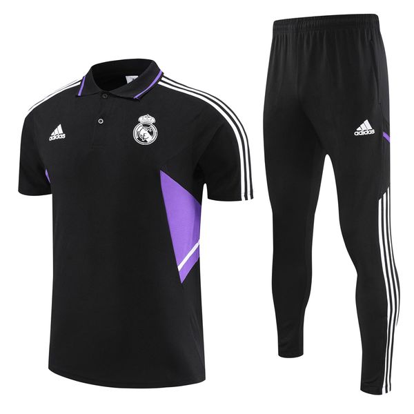 Conjunto Treino Polo Real Madrid 22/23 Camisa + Calça - Masculino Preto (detalhes roxo)