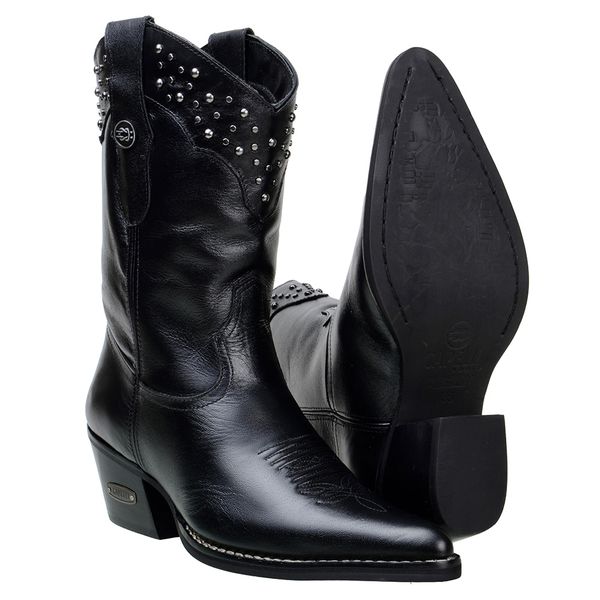 Bota Feminina Bico Fino Cano Curto Em Couro Legitimo Cor Preta Com Strass 