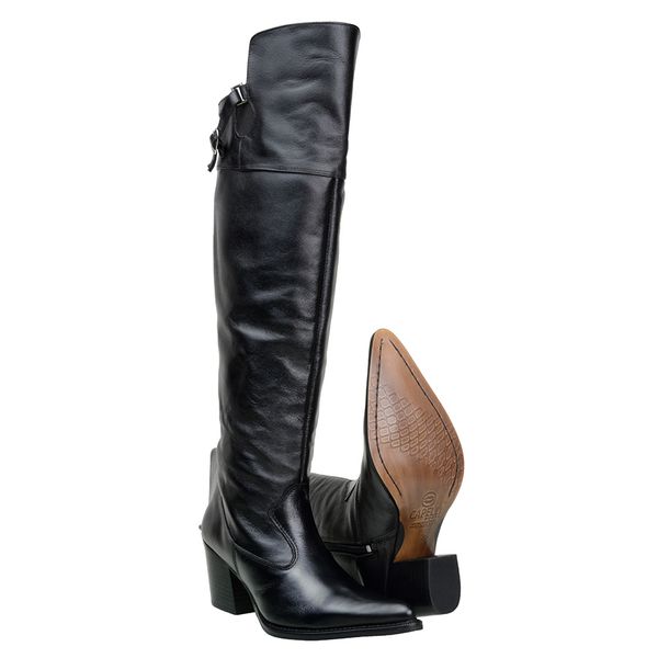 Texana Montaria Feminina Over The Knee Salto Alto Em Couro Mamute PRETO