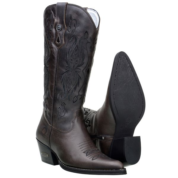 Bota Feminina Texana Bico Fino Cor Cinza Em Couro Nobre Bordado 