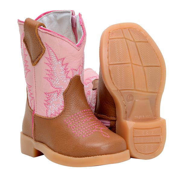BOTA BABY TEXANA DE COURO BORDADA ROSA CLARO