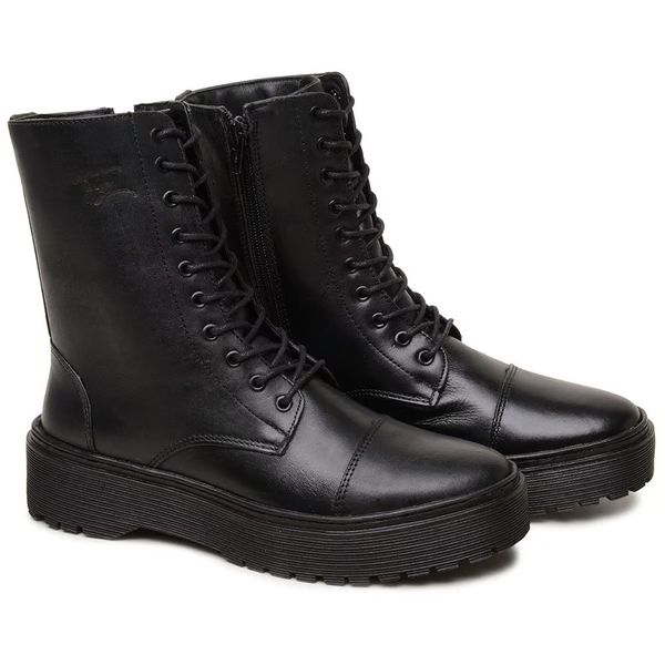 BOTA COTURNO BLOGUEIRA DE COURO ESTILO MILITAR CANO ALTO PRETO LINHA BRANCA