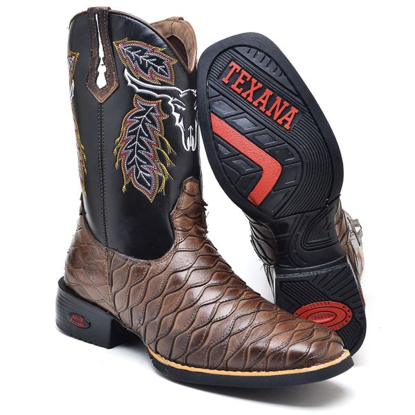 BOTA TEXANA COUNTRY MASCULINA BORDADA BOI ESCAMADA - LINHA ECO 