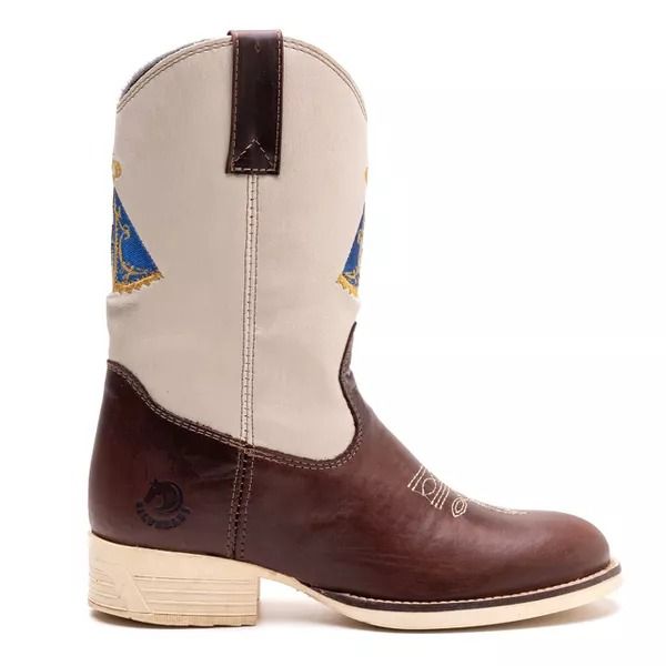 Bota Texana Infantil Premium Couro Fossil Tabaco e e Eco Marfim Nossa Senhora