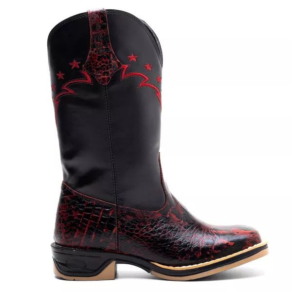 Bota Texana Feminina Couro Jacare Imit Bordo e Ecologico Preto Jump
