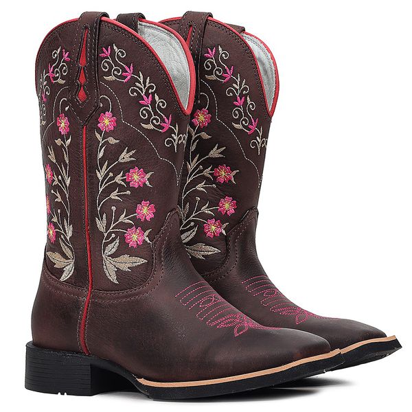 BOTA TEXANA FRANCA BOOTS BORDADA FLORAL PINK CANO MÉDIO 