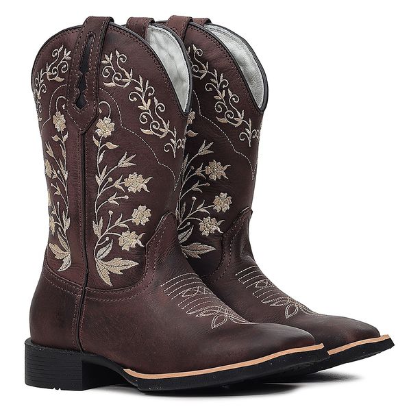 BOTA TEXANA FRANCA BOOTS BORDADA FLORAL AREIA CANO MÉDIO 