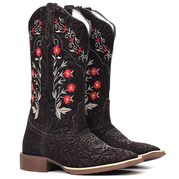 BOTA TEXANA FRANCA BOOTS BORDADA FLORAL HOPPER SOLADO CAFÉ 