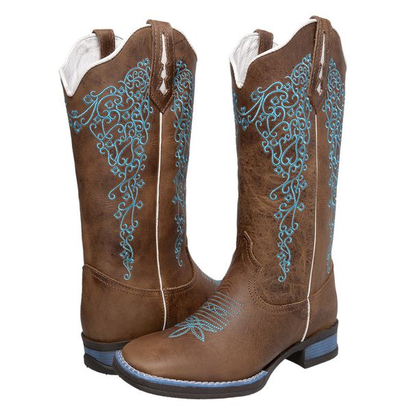 BOTA TEXANA HOPPER FEMININA BORDADA AZUL EM COURO LEGITIMO -- FRANCA BOOTS 