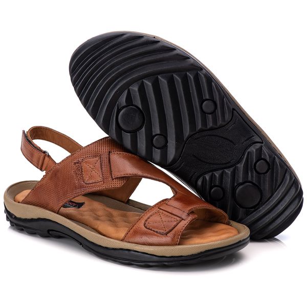 Chinelo Comfort Masculino em Couro caramelo