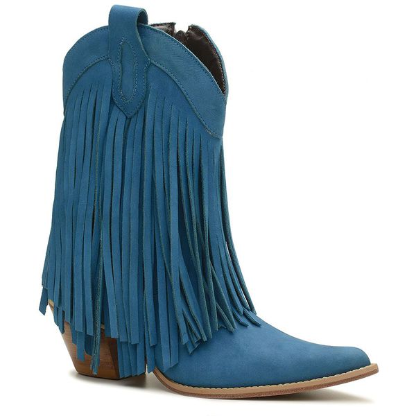 Bota Texana Feminina Couro Nobuck Azul Turquesa Com Franjas 35 - Silverado Botas