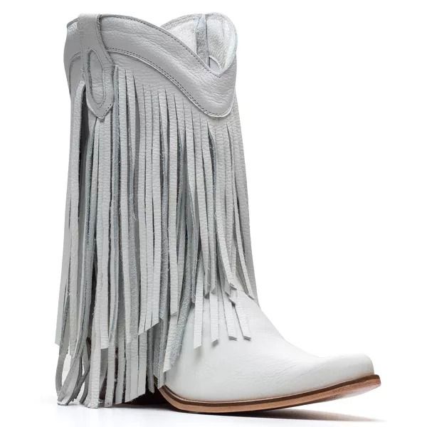 BOTA TEXANA FEMININA COURO NOBUCK BRANCA COM FRANJAS