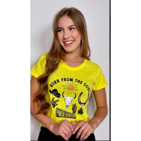 T-shirt country feminina estampada amarela