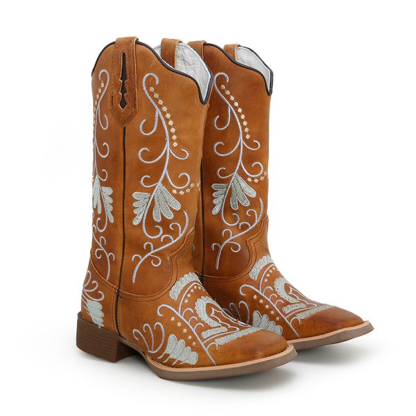 BOTA TEXANA FEMININA BORDADA COURO CARAMELO FB119