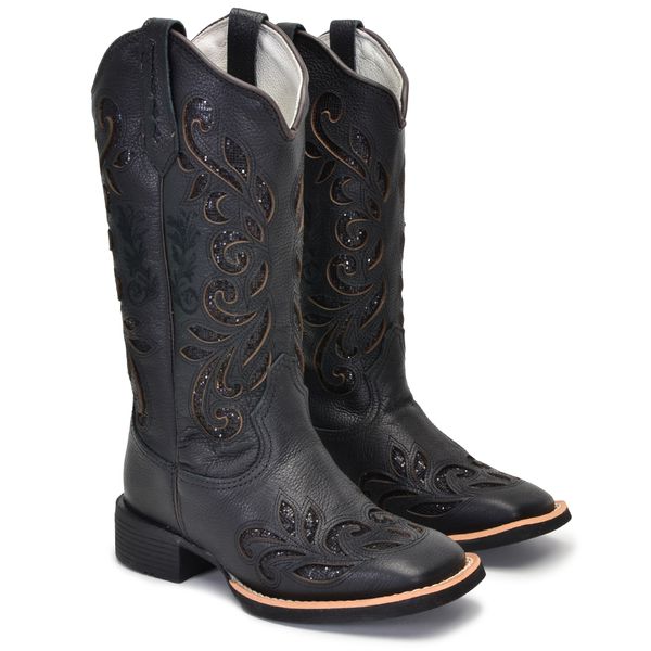 BOTA TEXANA FEMININA BORDADA A LASER FB88 COURO PRETO 