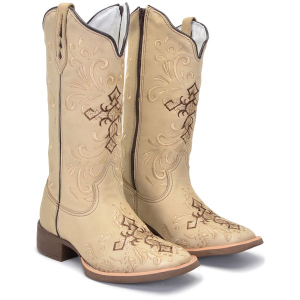 BOTA TEXANA FEMININA BORDADA CRUZ COURO AREIA FB109 